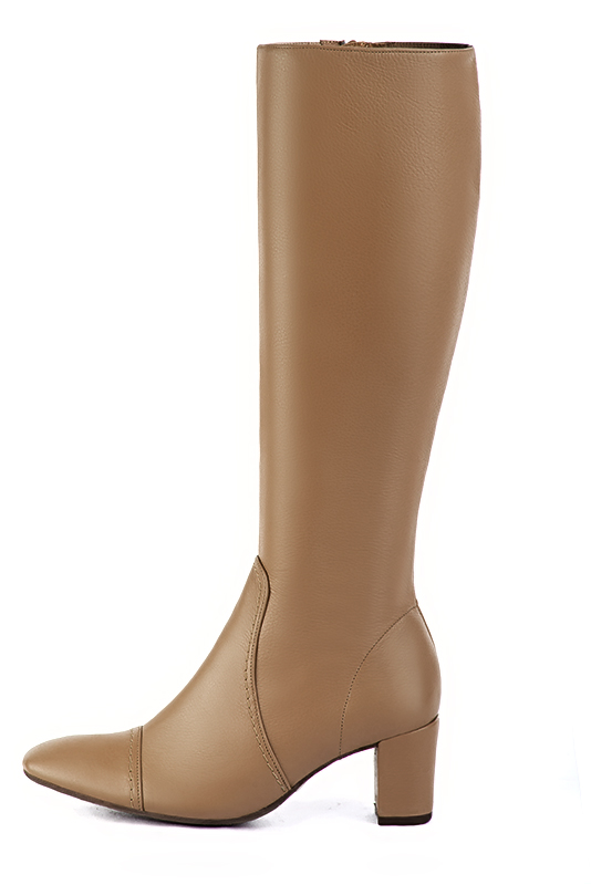 Camel beige women's feminine knee-high boots. Round toe. Medium block heels. Made to measure. Profile view - Florence KOOIJMAN